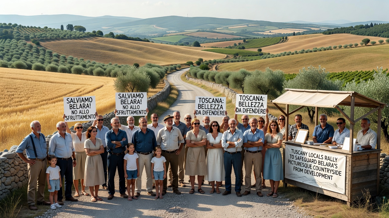 Group of Tuscany residents reviewing maps of proposed development areas near Belara